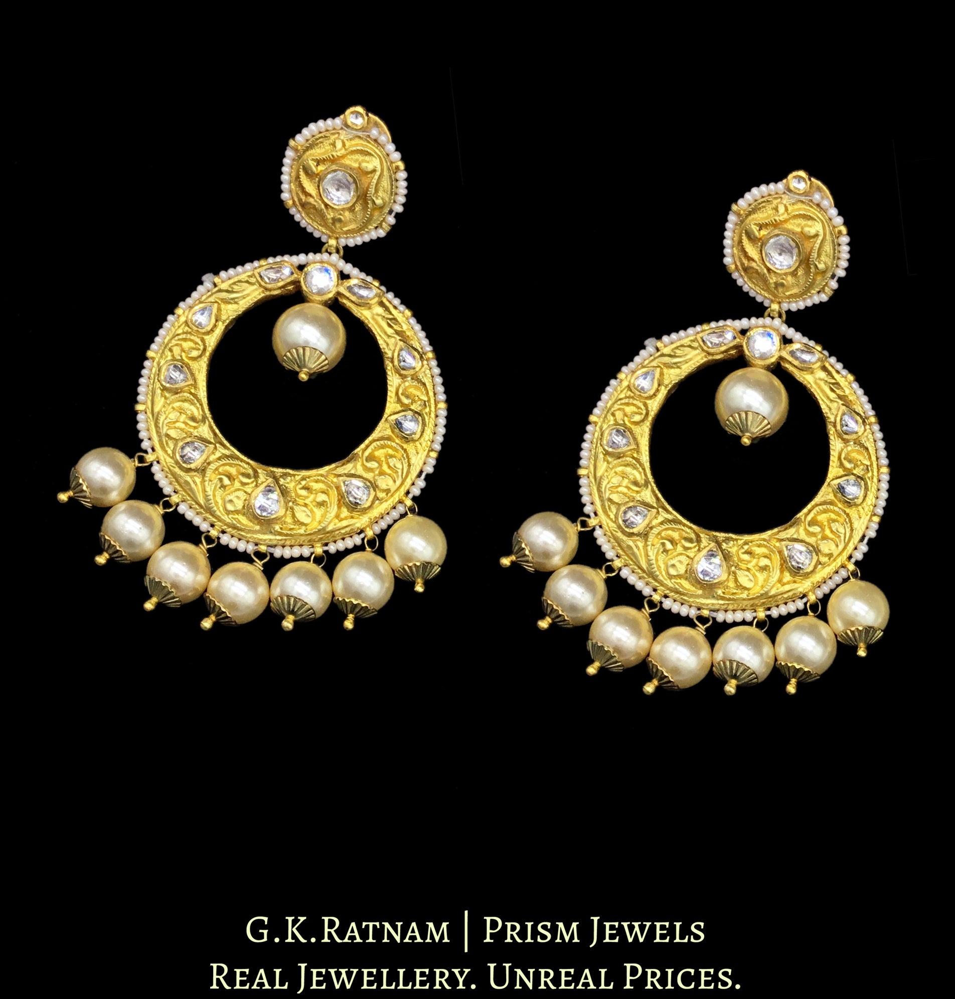 18k Gold and Diamond Polki Chand Bali Earring Pair with Chitai - G. K. Ratnam