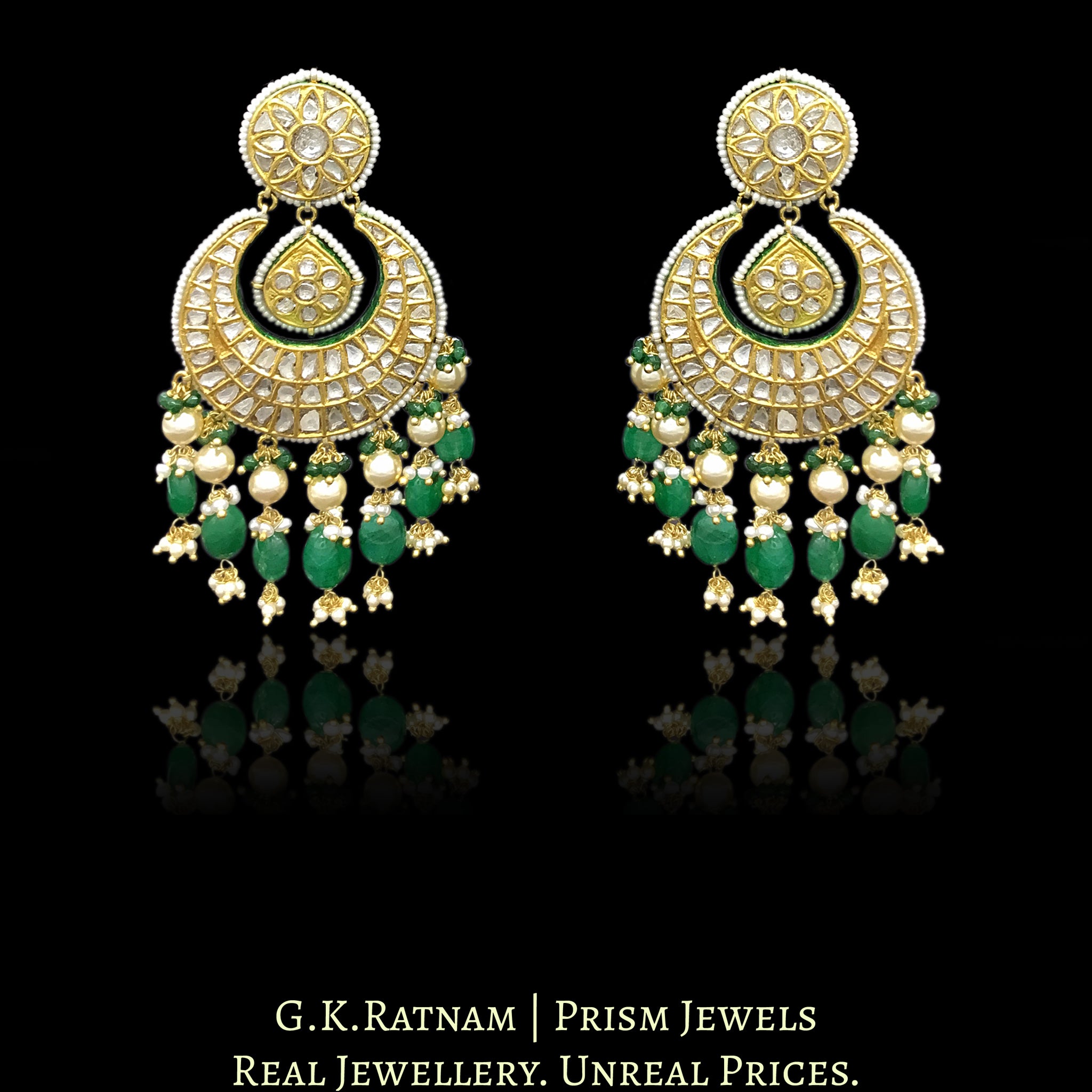 23k Gold and Diamond Polki Chand Bali Earring Pair with chandelier-like stringing of pearls and emerald-grade beryls - G. K. Ratnam