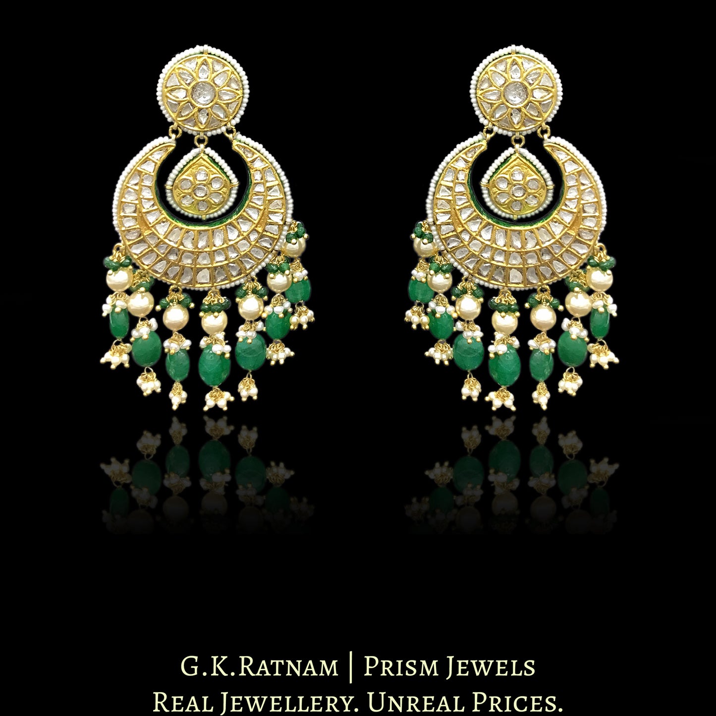 23k Gold and Diamond Polki Chand Bali Earring Pair with chandelier-like stringing of pearls and emerald-grade beryls - G. K. Ratnam