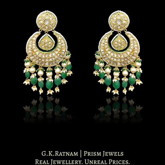 23k Gold and Diamond Polki Chand Bali Earring Pair with chandelier-like stringing of pearls and emerald-grade beryls - G. K. Ratnam