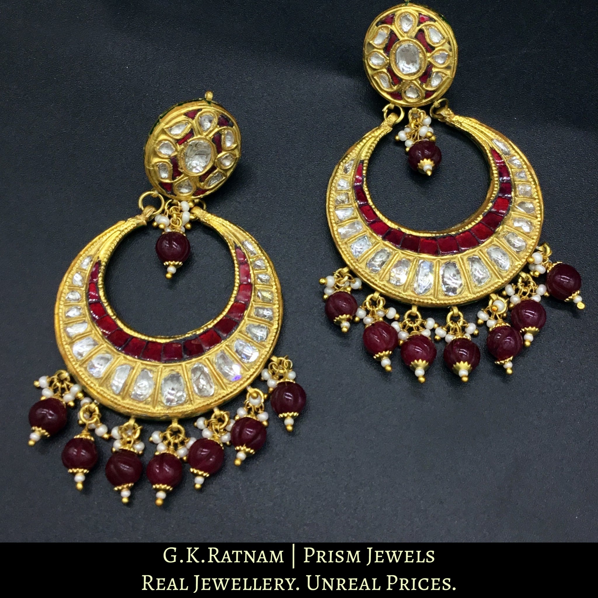 23k Gold and Diamond Polki Chand Bali Earring pair with round ruby-red beads
