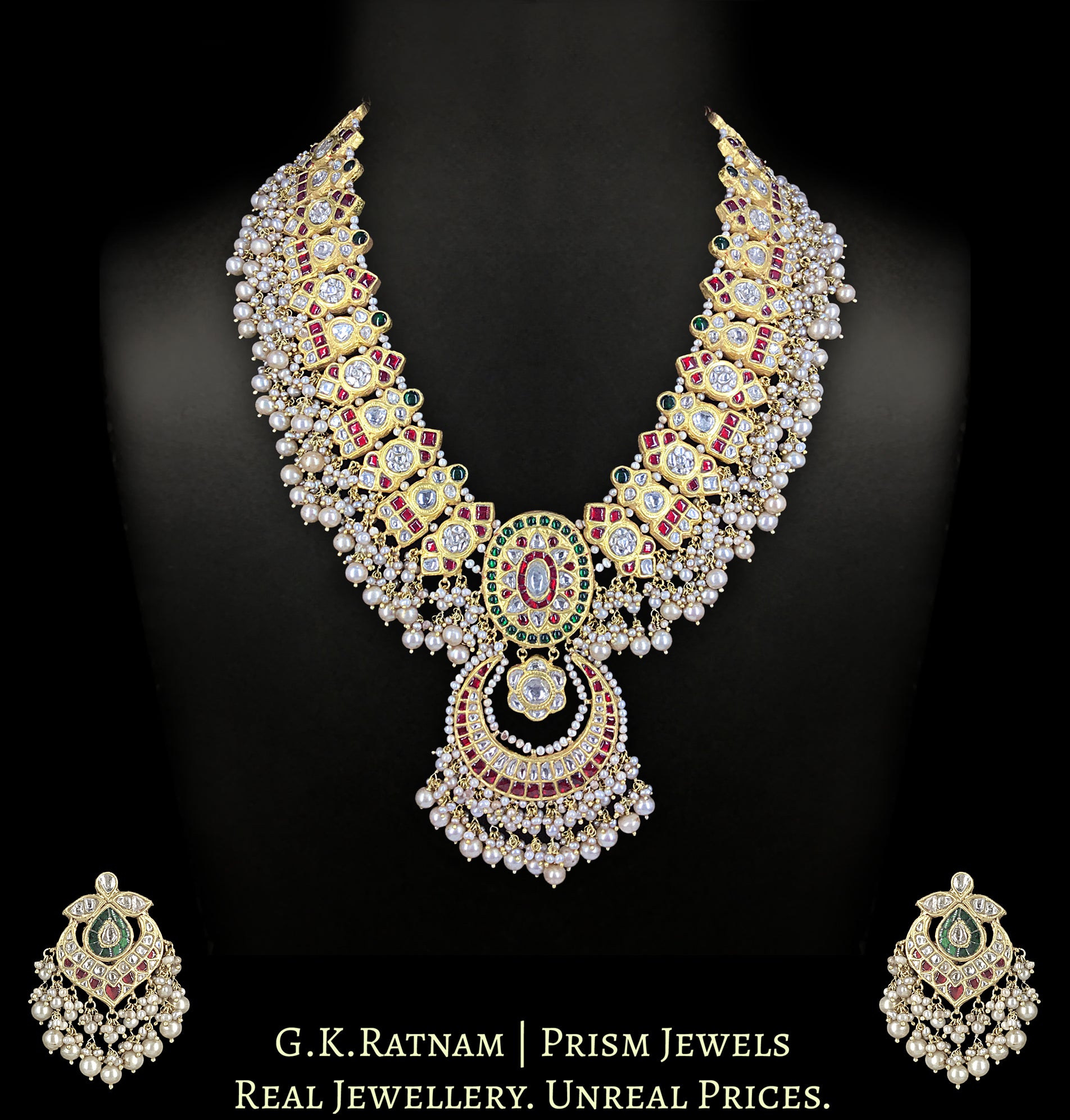 23k Gold and Diamond Polki south-style Long Necklace Set with basra-like Freshwater Pearls