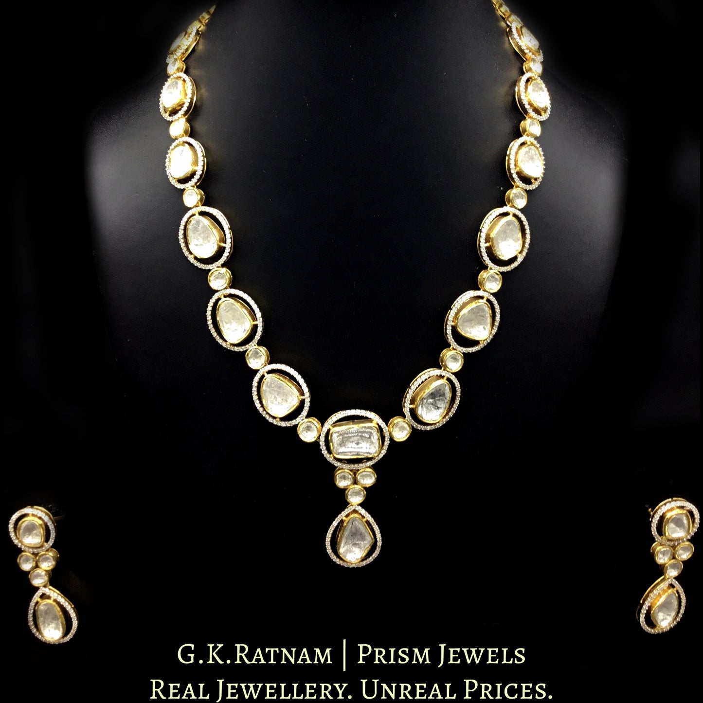 14k Gold and Diamond Polki Fusion Single Line Necklace Set with big uncut diamonds surrounded by cut diamonds - G. K. Ratnam