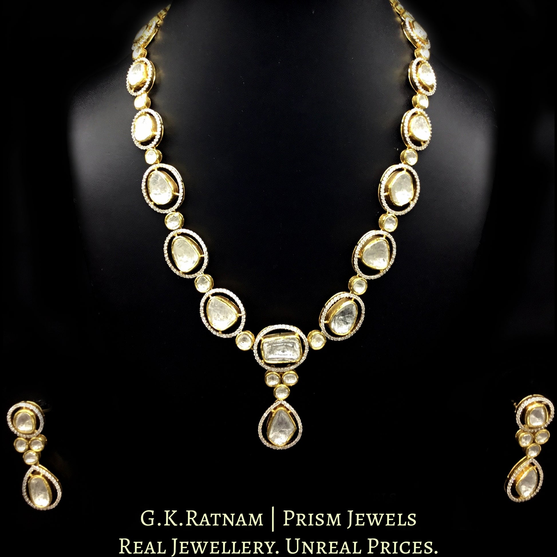 14k Gold and Diamond Polki Fusion Single Line Necklace Set with big uncut diamonds surrounded by cut diamonds - G. K. Ratnam
