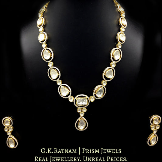 14k Gold and Diamond Polki Fusion Single Line Necklace Set with big uncut diamonds surrounded by cut diamonds - G. K. Ratnam