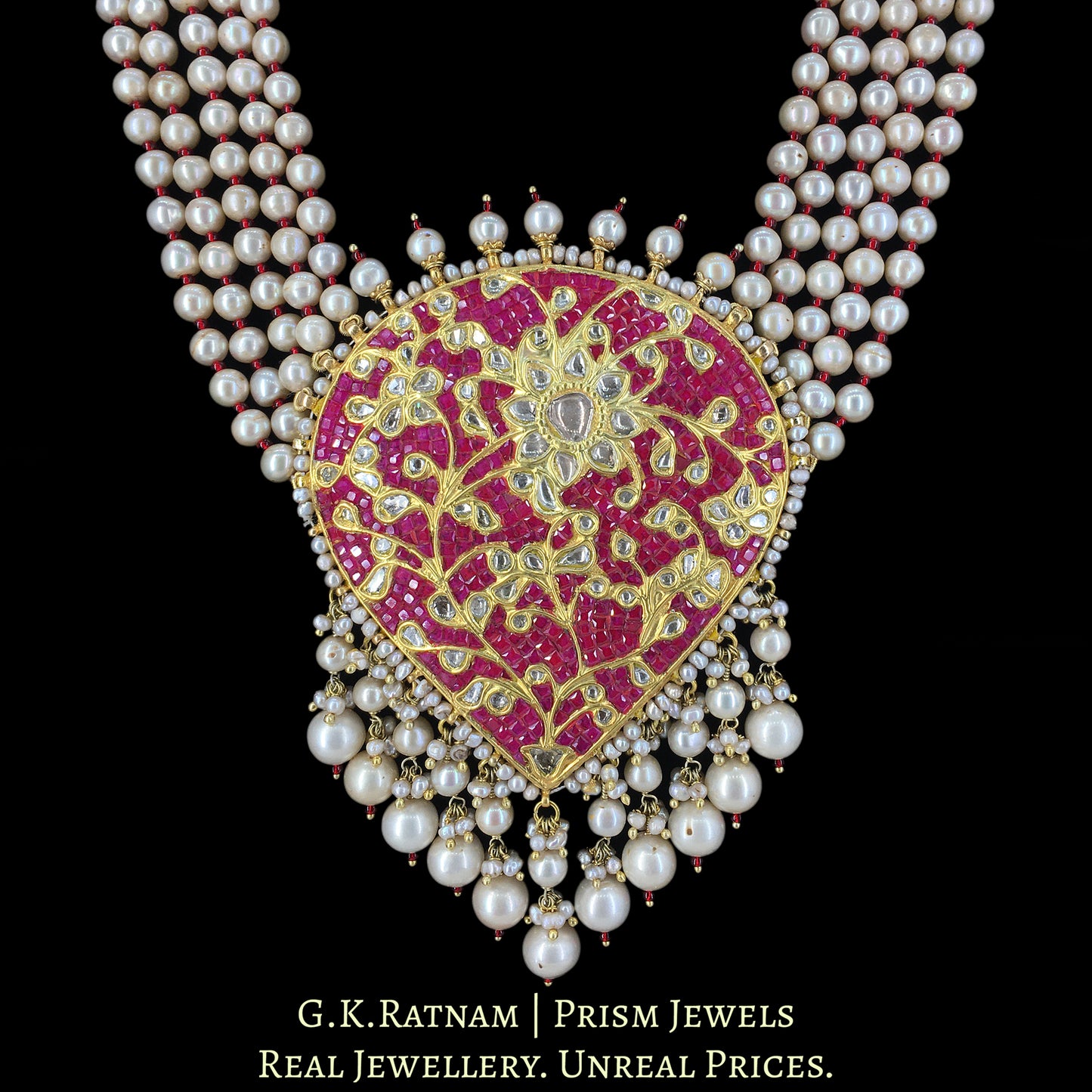 23k Gold and Diamond Polki Pendant Set with Rubies and Antiqued Hyderabadi Pearls