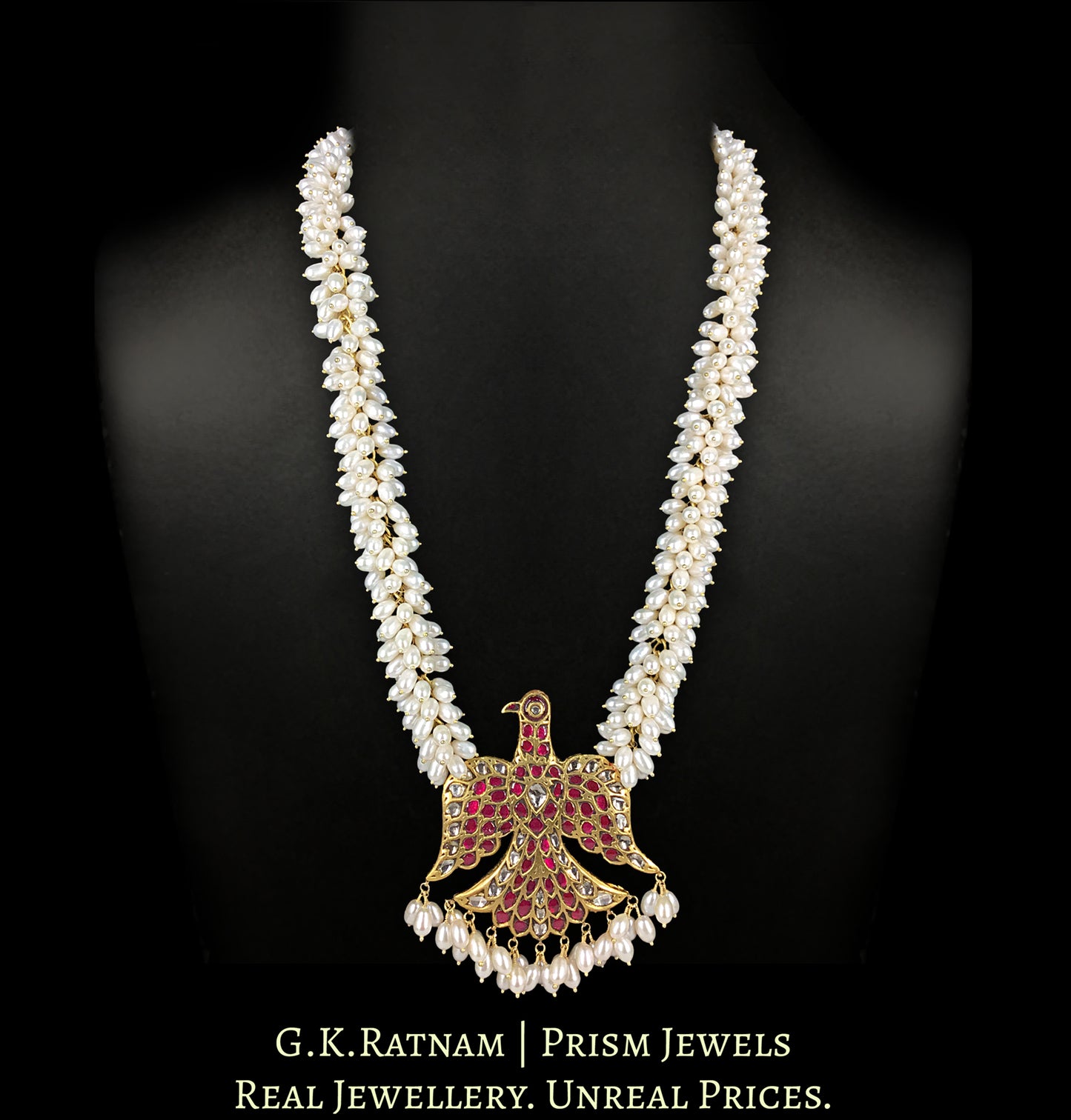 23k Gold and Diamond Polki south-style Baaz Pendant with Natural Freshwater Pearl Chains