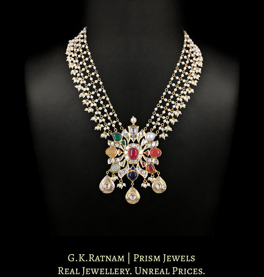 18k Gold And Diamond Polki Navratna Pendant strung with intricate pearl chains