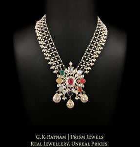 18k Gold And Diamond Polki Navratna Pendant strung with intricate pearl chains