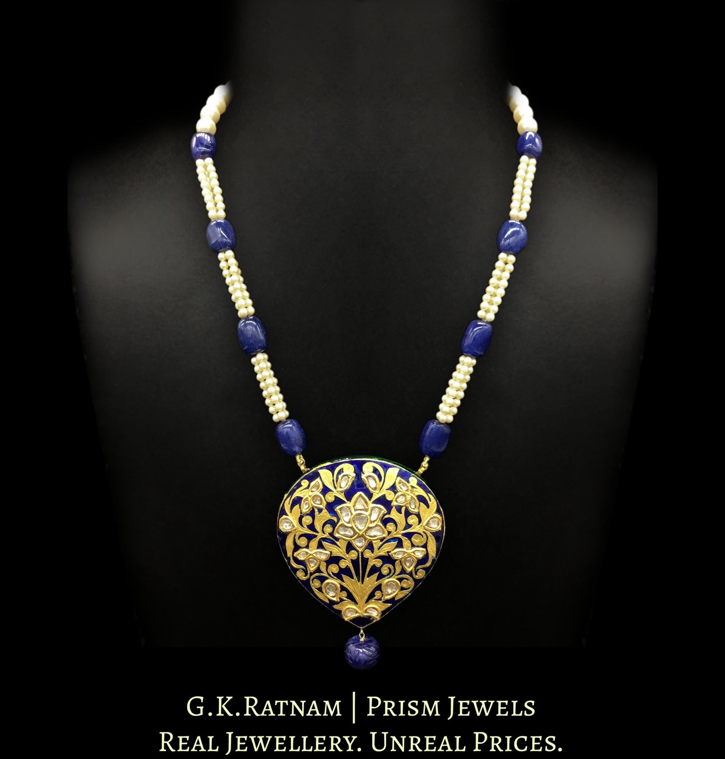 23k Gold and Diamond Polki tilak-shaped Pendant with blue enamelling and intricate goldwork - G. K. Ratnam