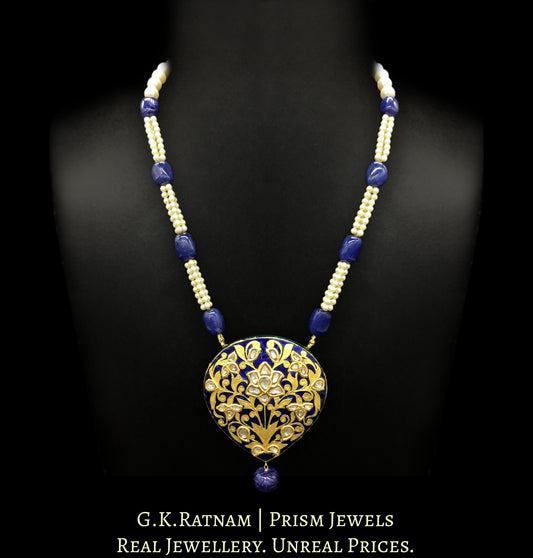 23k Gold and Diamond Polki tilak-shaped Pendant with blue enamelling and intricate goldwork - G. K. Ratnam