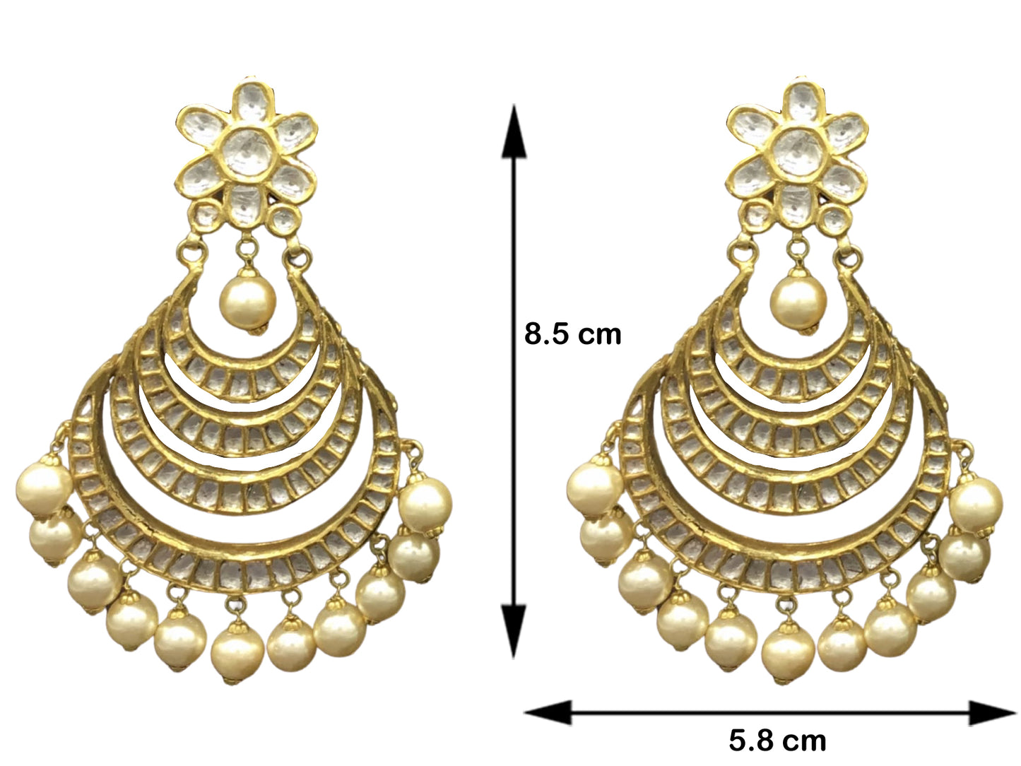 18k Gold and Diamond Polki Multi-tiered Chand Bali Earring Pair with south-sea grade shell pearls