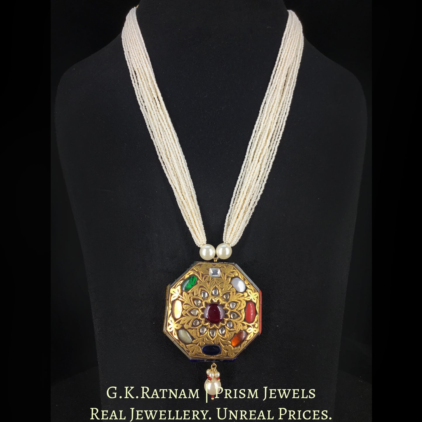 23k Gold and Diamond Polki Octagonal Navratan Pendant With chid pearl bunches - G. K. Ratnam