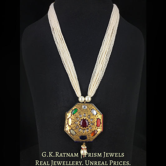 23k Gold and Diamond Polki Octagonal Navratan Pendant With chid pearl bunches - G. K. Ratnam
