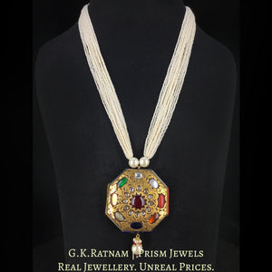 23k Gold and Diamond Polki Octagonal Navratan Pendant With chid pearl bunches