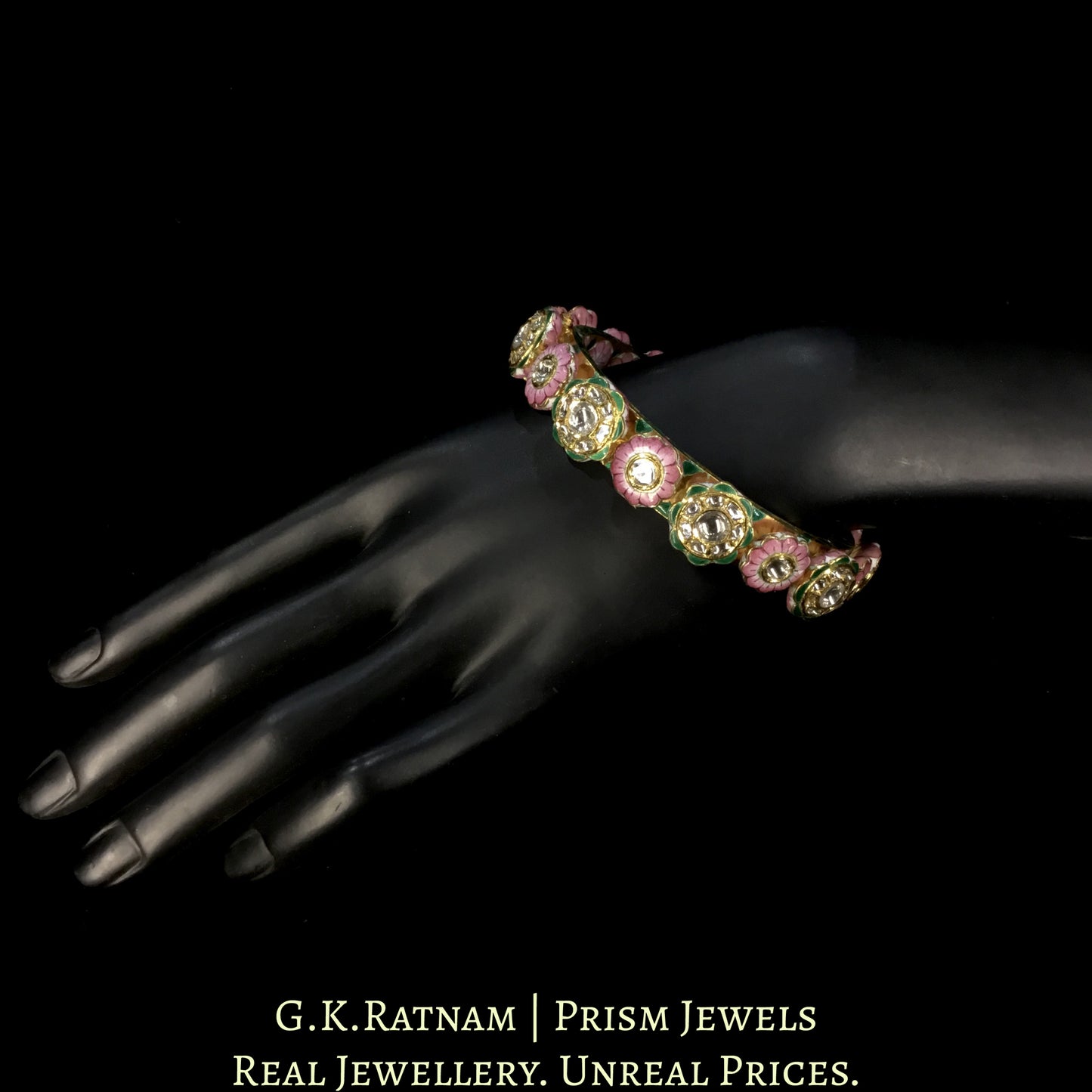 18k Gold and Diamond Polki Bangle (Pacheli) with Pink Meenakari