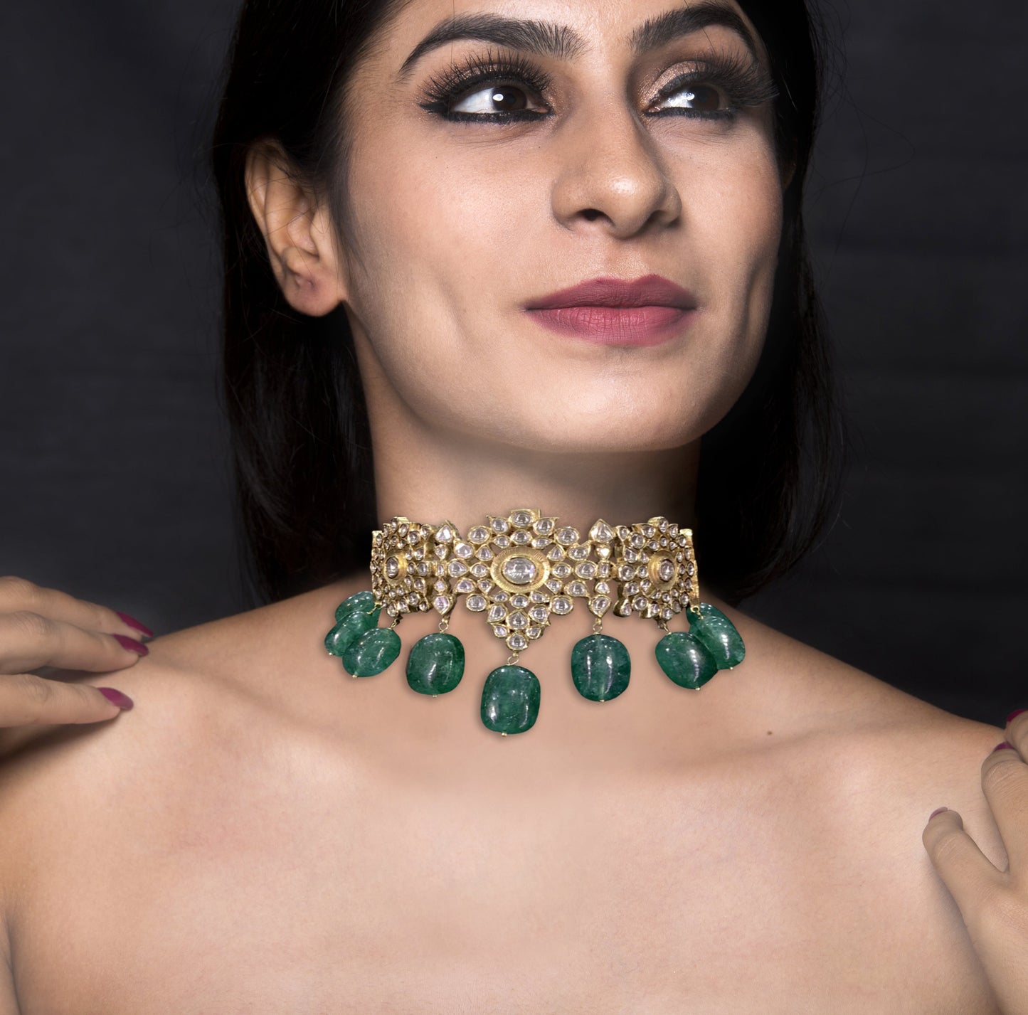 18k Gold and Diamond Polki Kilangi Cum Choker Necklace With Green Beryls - G. K. Ratnam