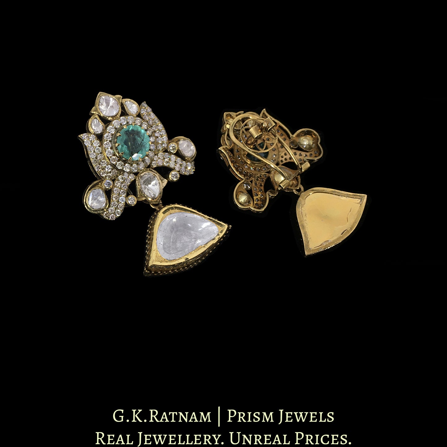 18k Gold and Diamond Polki Fusion two-row Necklace Set with Natural Emeralds in Victorian Finish