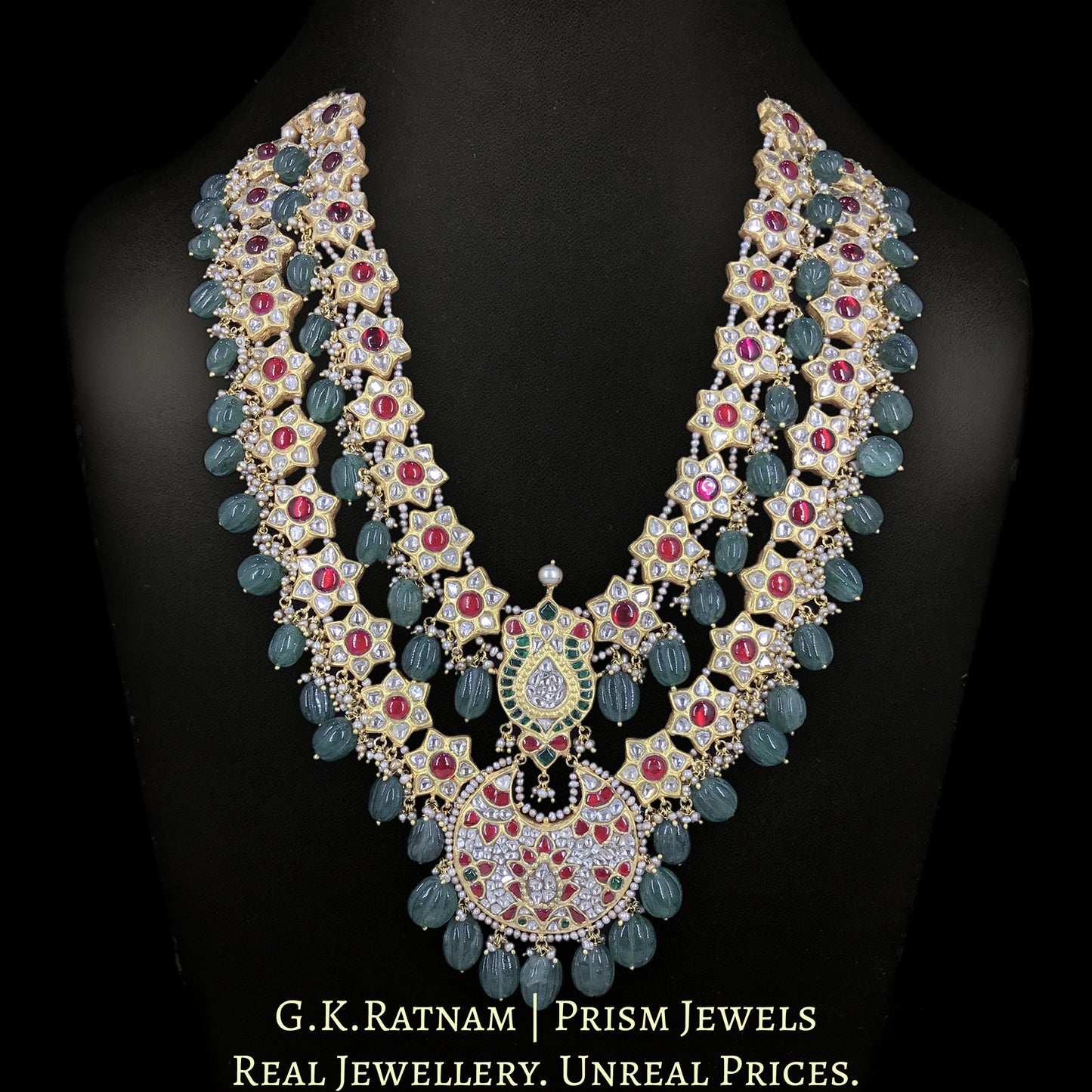 23k Gold And Diamond Polki south-style Long Necklace Set with star-motifs enhanced with hand-carved Melons