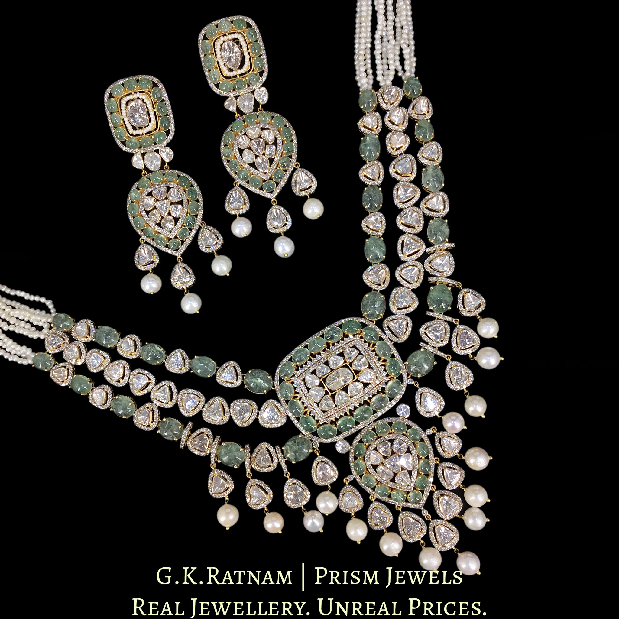 18k Gold and Diamond Polki Open Setting Necklace Set with emerald-grade cabochons