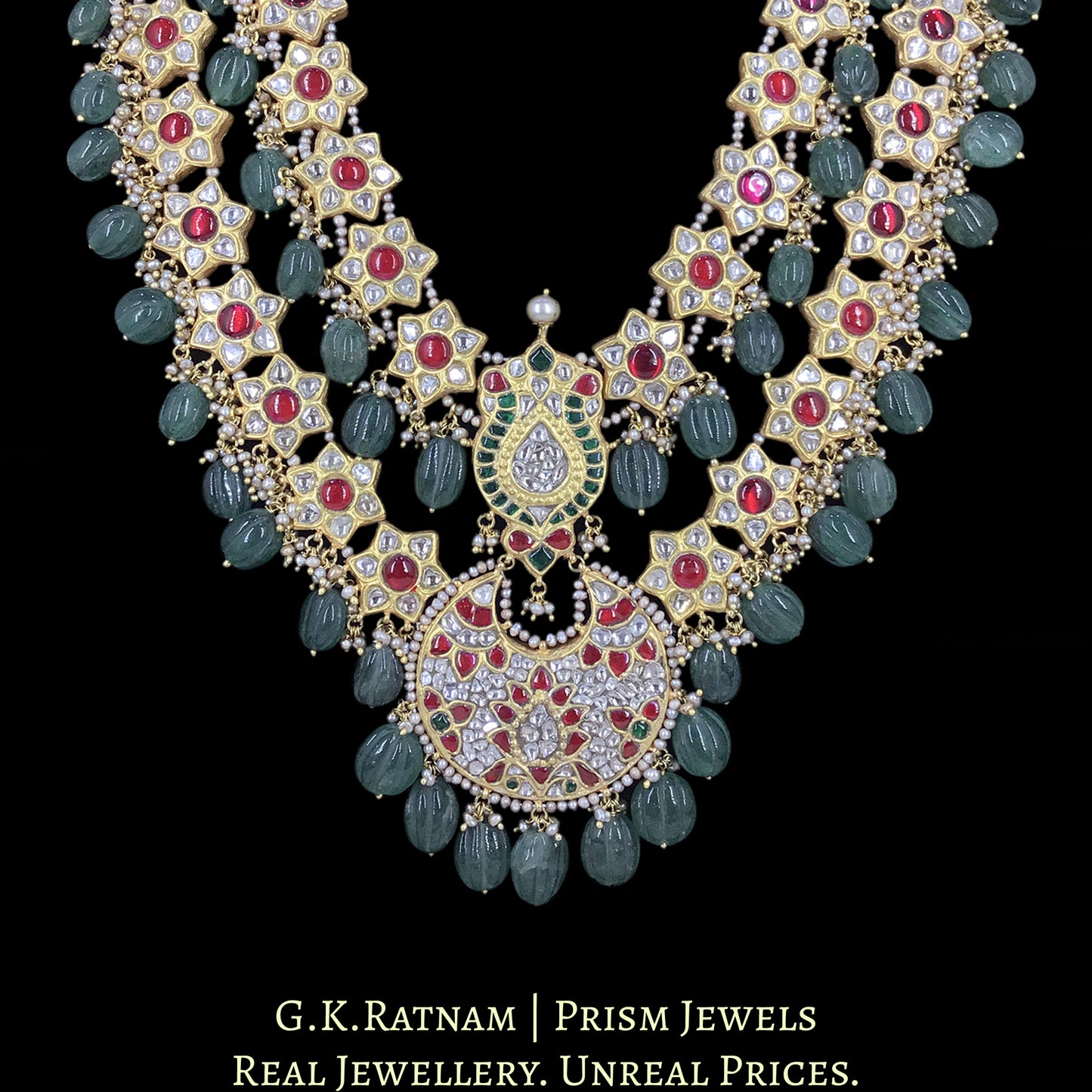 23k Gold And Diamond Polki south-style Long Necklace Set with star-motifs enhanced with hand-carved Melons