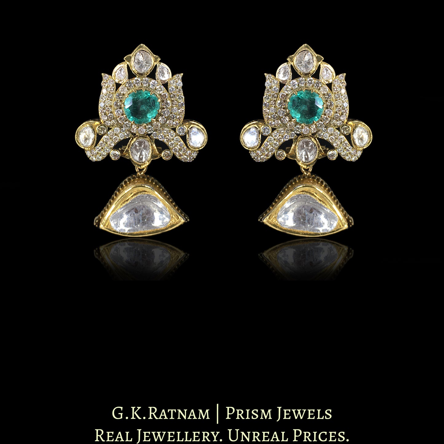 18k Gold and Diamond Polki Fusion two-row Necklace Set with Natural Emeralds in Victorian Finish