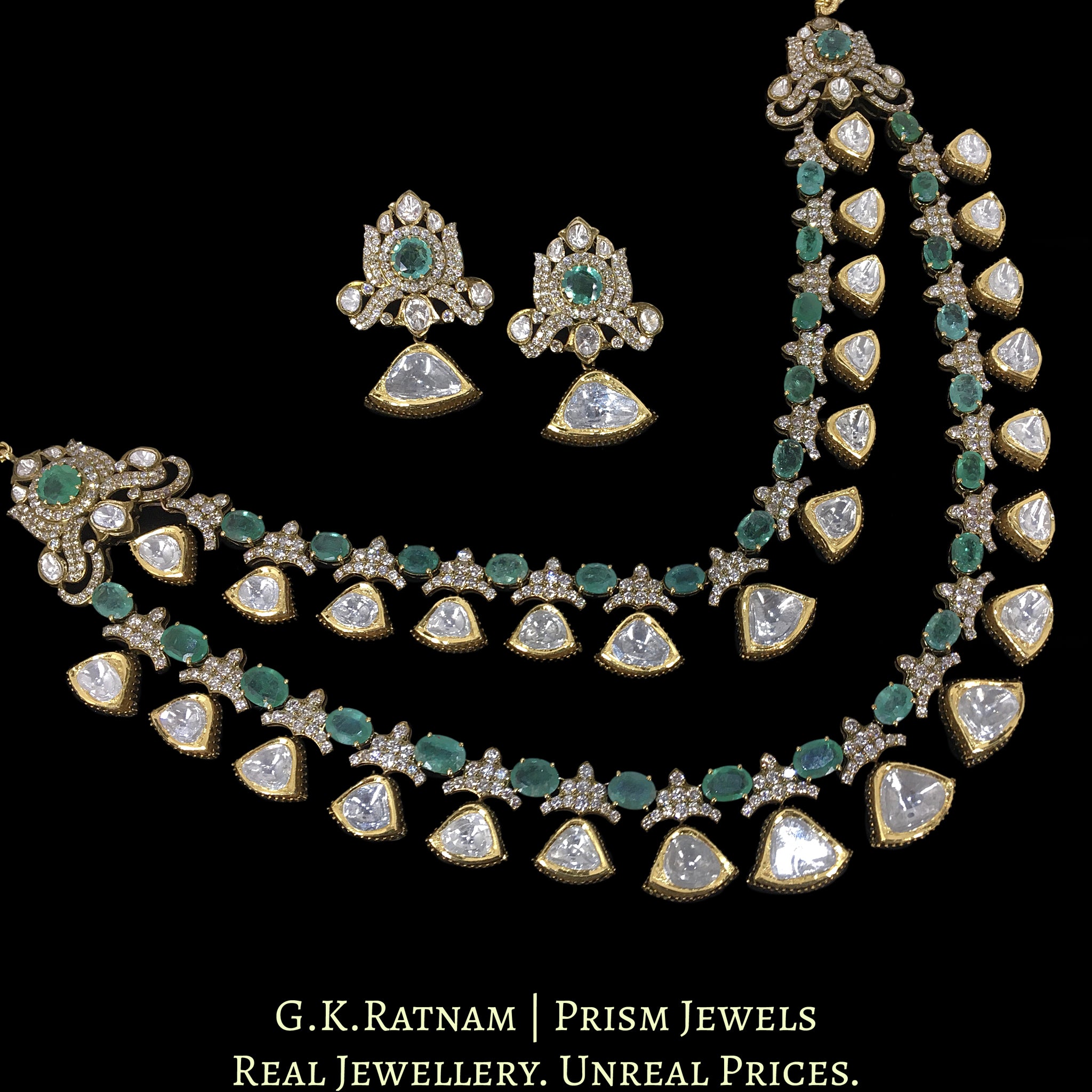 18k Gold and Diamond Polki Fusion two-row Necklace Set with Natural Emeralds in Victorian Finish