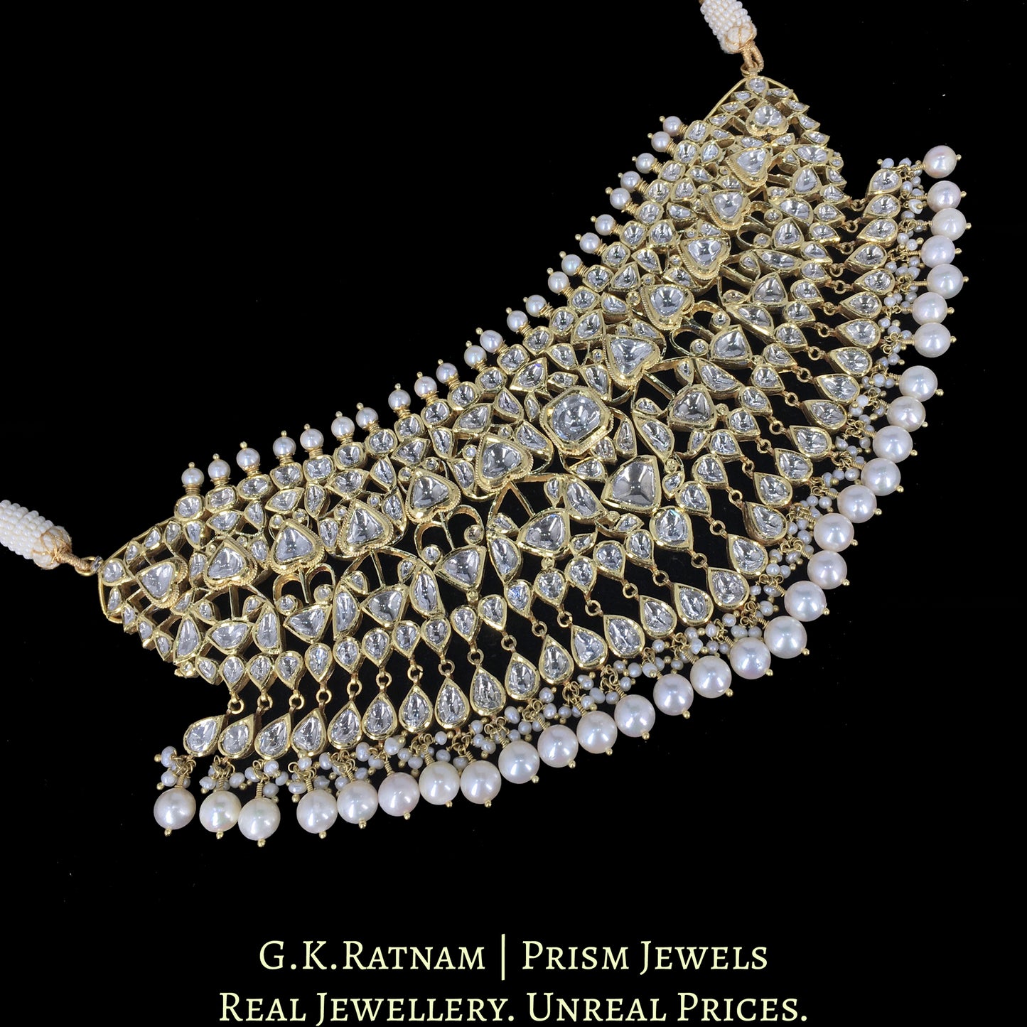 18k Gold and Diamond Polki Choker Necklace with Natural Freshwater Pearls