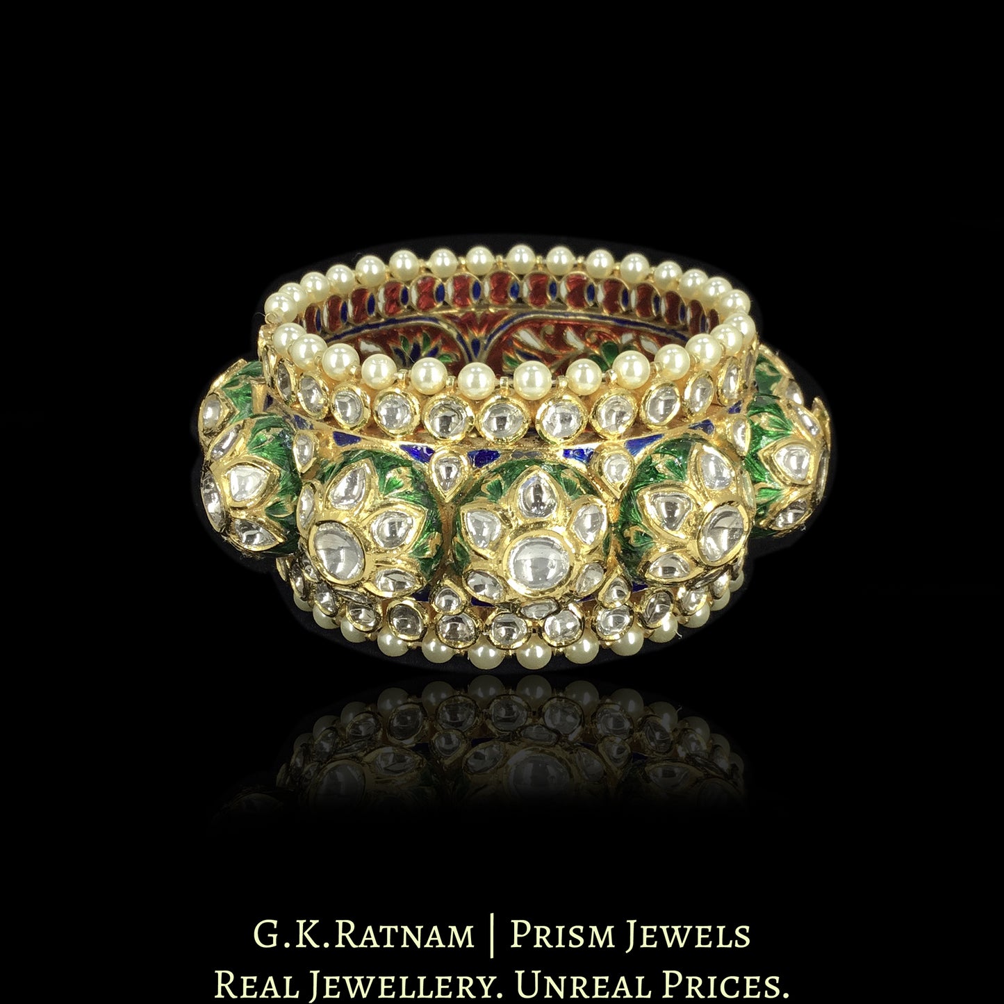 18k Gold and Diamond Polki Gajra / Pacheli Bangle with dual-tone enamelling