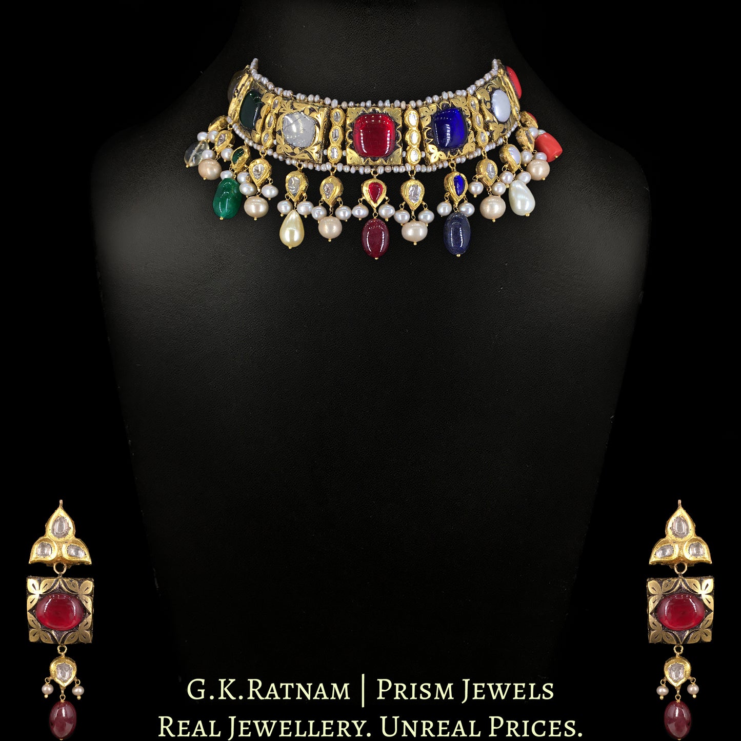 23k Gold and Diamond Polki Navratna Choker Necklace Set