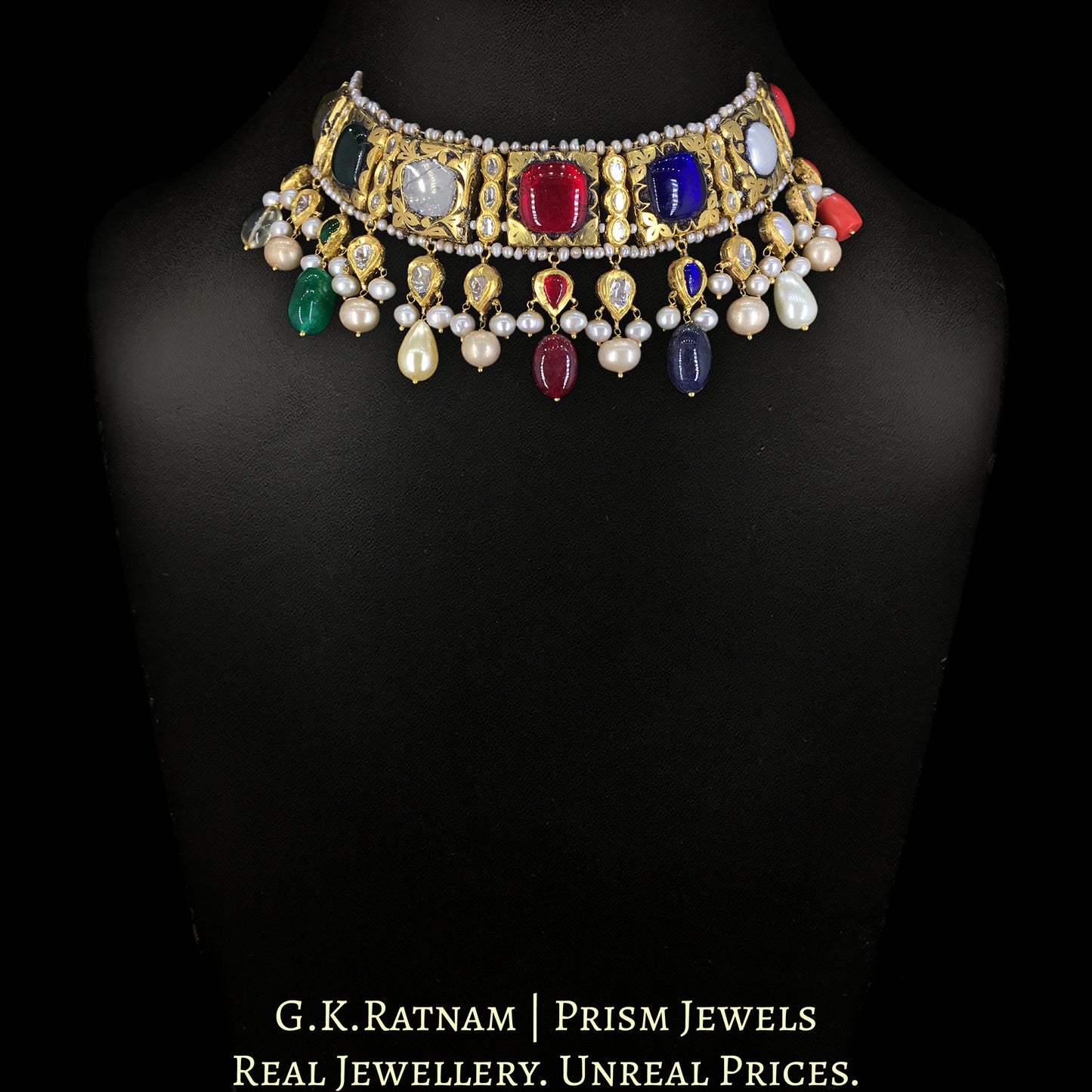 23k Gold and Diamond Polki Navratna Choker Necklace Set