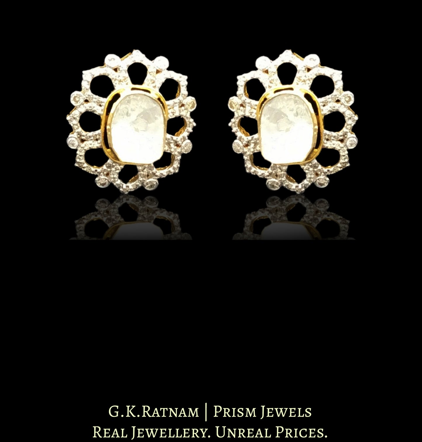 18k Gold and Diamond Polki Open Setting Tops / Studs Earring Pair with far sized uncuts surrounded by diamonds