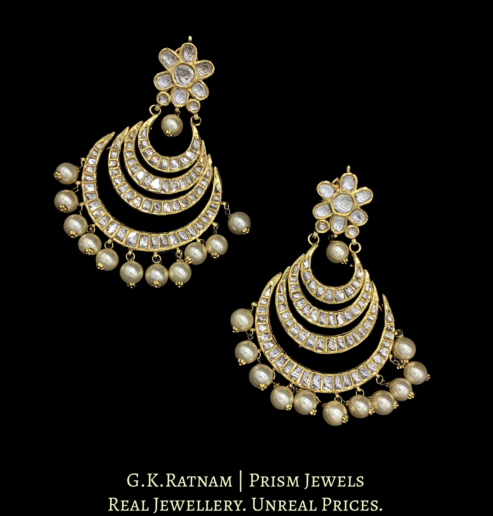 18k Gold and Diamond Polki Multi-tiered Chand Bali Earring Pair with south-sea grade shell pearls