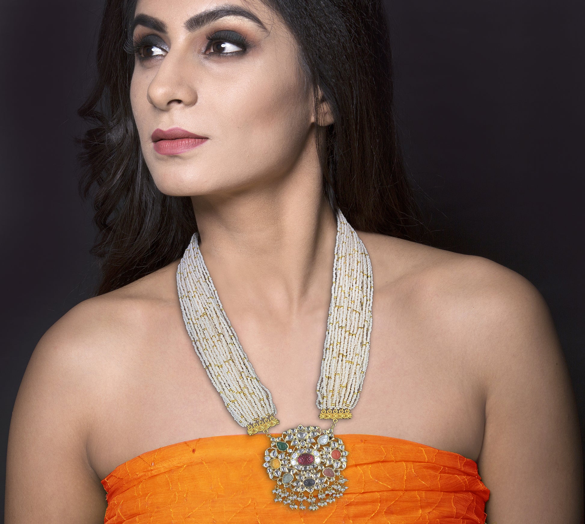 18k Gold and Diamond Polki Navratna Pendant Set With intricately carved navratans - G. K. Ratnam