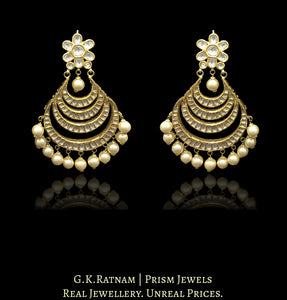 18k Gold and Diamond Polki Multi-tiered Chand Bali Earring Pair with south-sea grade shell pearls