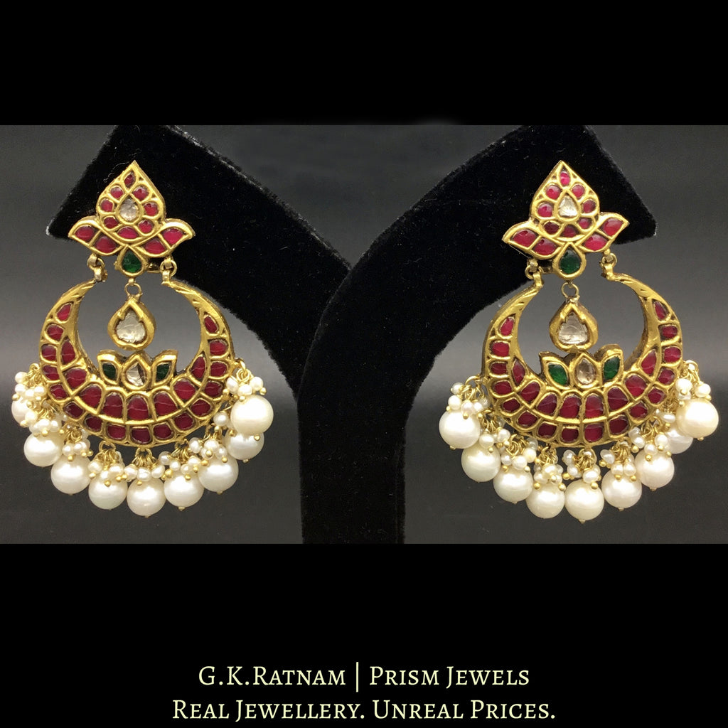23k Gold and Diamond Polki Chand Bali Earring Pair with Rubies and Emeralds