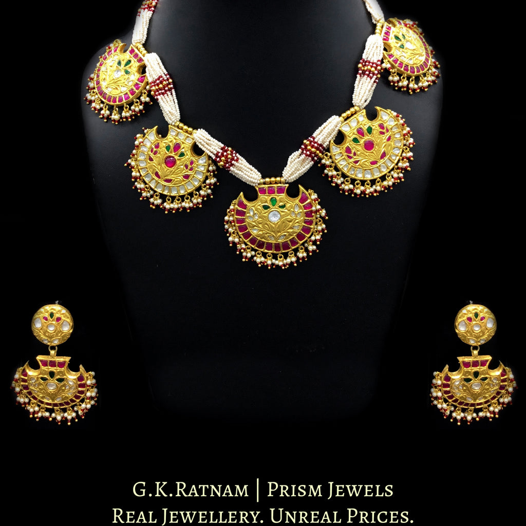 18K Gold and Diamond Polki south-style Pankhi (fan) Necklace Set with Rubies & Emeralds - G. K. Ratnam