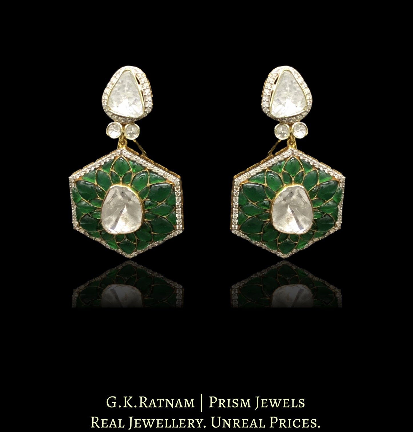 14k Gold and Diamond Polki Open Setting Long Earring Pair with emerald-grade green motifs