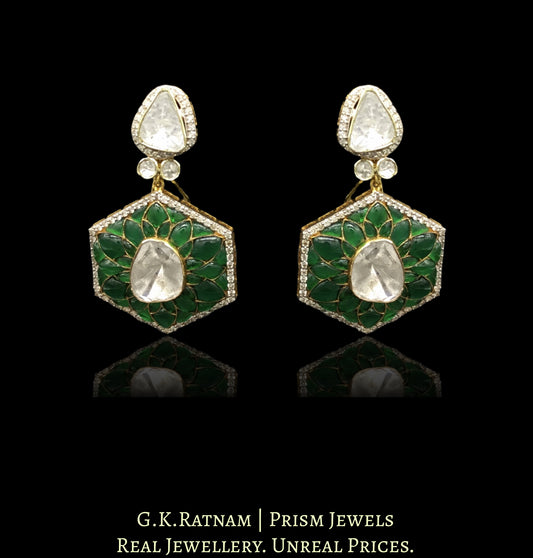 14k Gold and Diamond Polki Open Setting Long Earring Pair with emerald-grade green motifs