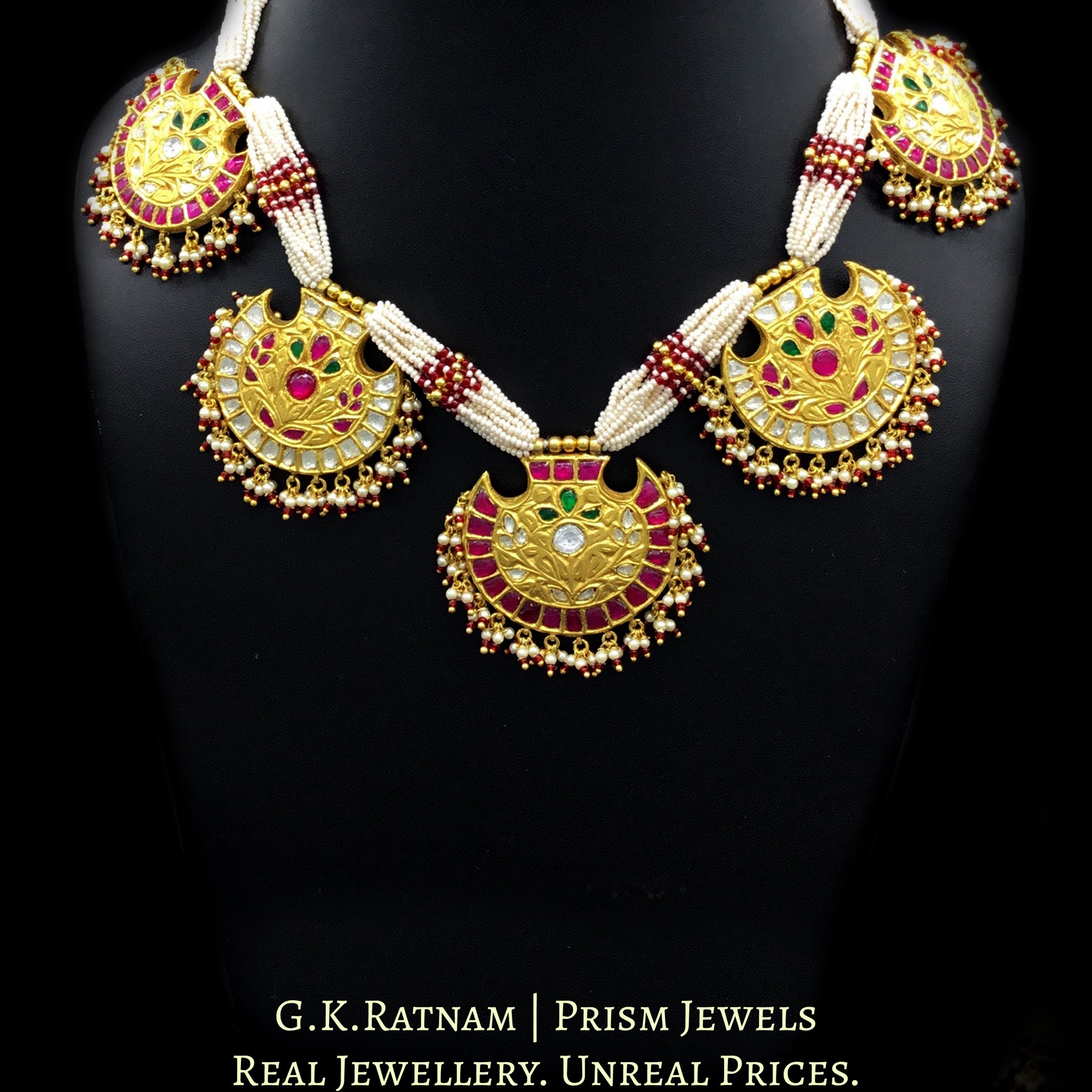 18K Gold and Diamond Polki south-style Pankhi (fan) Necklace Set with Rubies & Emeralds - G. K. Ratnam