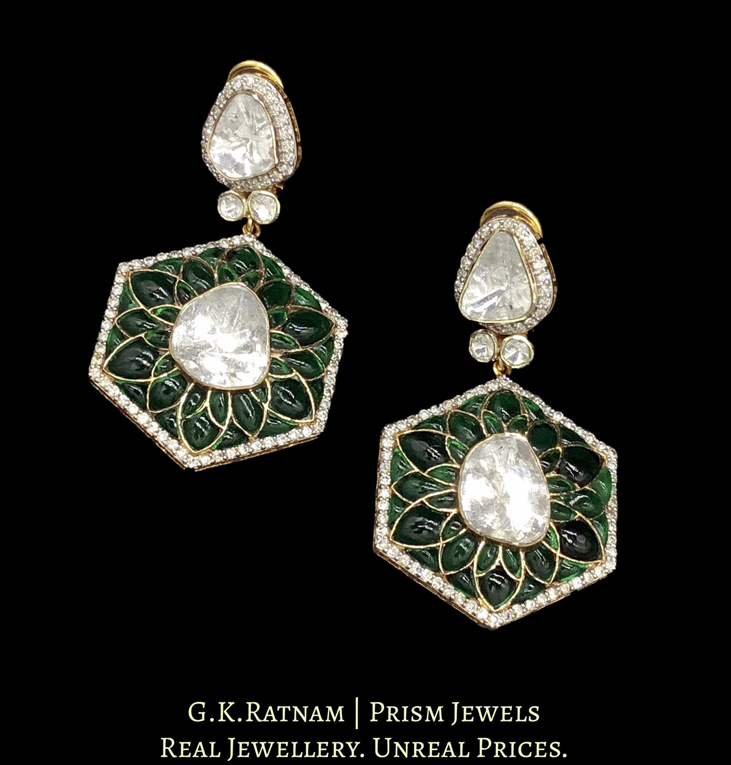 14k Gold and Diamond Polki Open Setting Long Earring Pair with emerald-grade green motifs