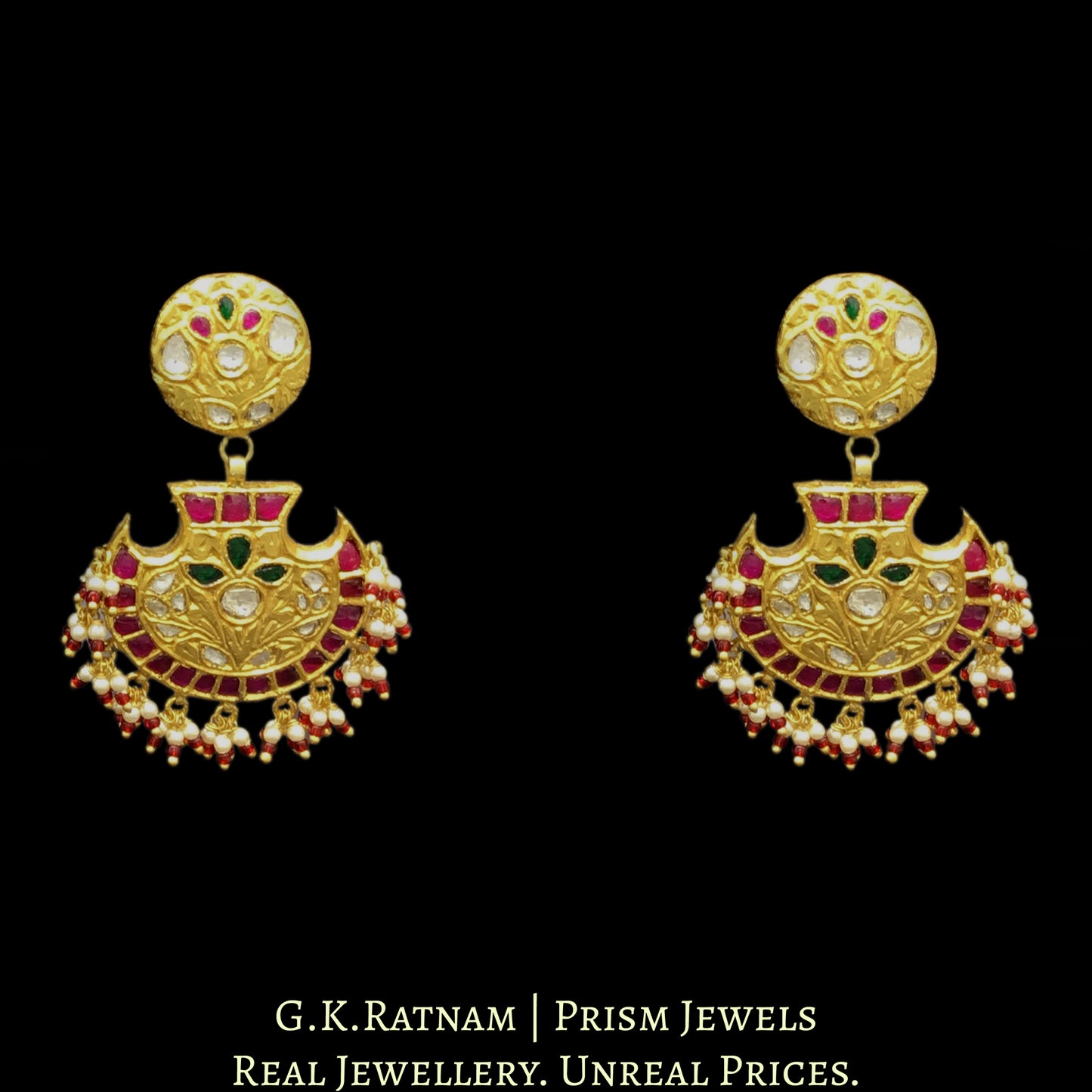 18K Gold and Diamond Polki south-style Pankhi (fan) Necklace Set with Rubies & Emeralds - G. K. Ratnam