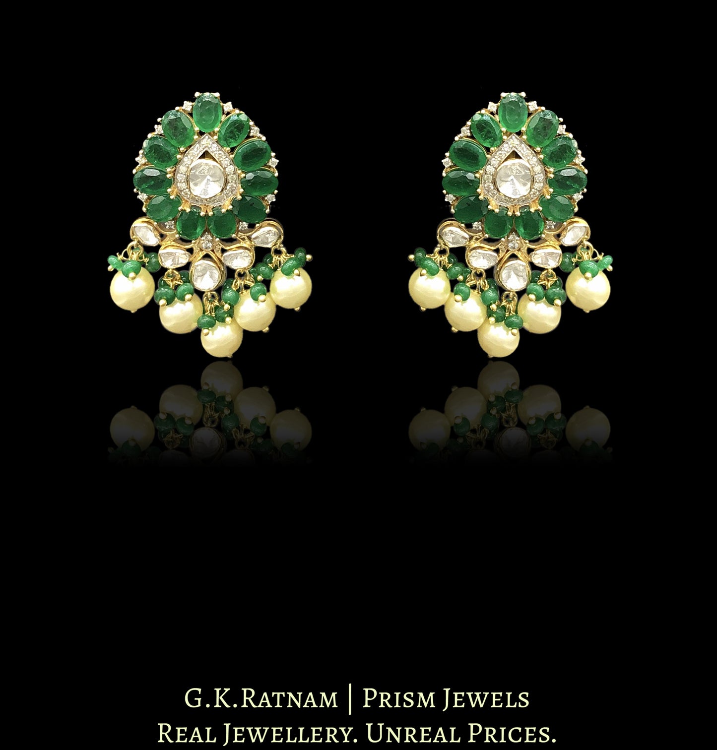 14k Gold and Diamond Polki fancy Open Setting Karanphool Earring Pair with emerald-grade green onyx