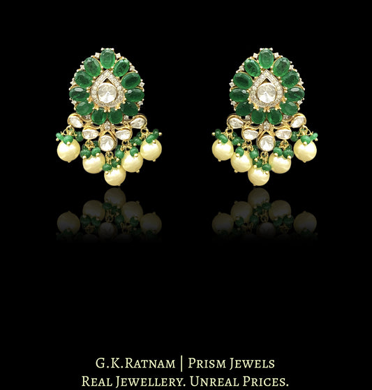 14k Gold and Diamond Polki fancy Open Setting Karanphool Earring Pair with emerald-grade green onyx