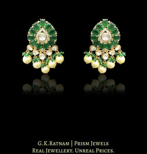 14k Gold and Diamond Polki fancy Open Setting Karanphool Earring Pair with emerald-grade green onyx