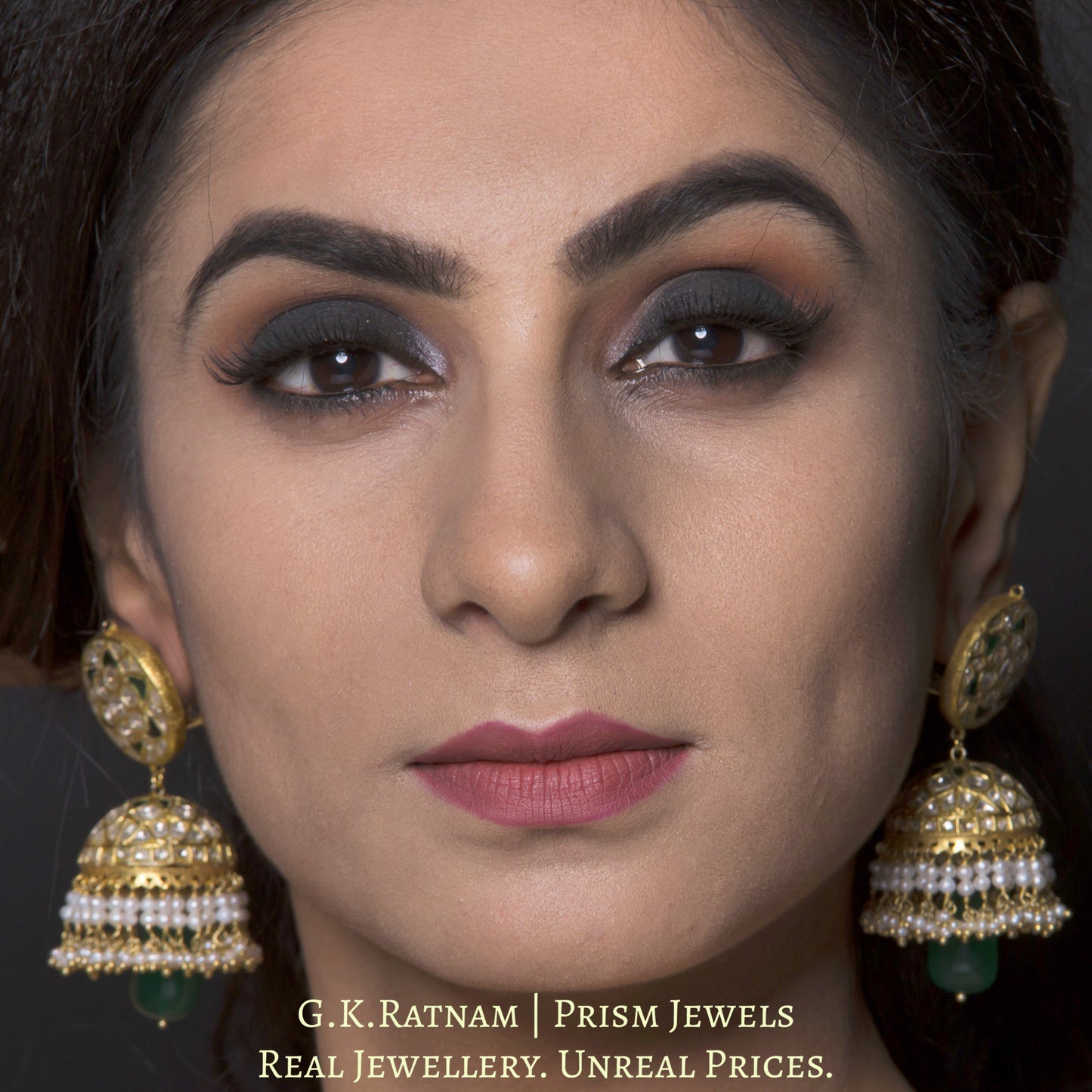 23k Gold and Diamond Polki green Jhumki Earring Pair with natural freshwater pearls