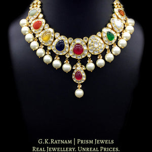 18k Gold and Diamond Polki Navratna Necklace Set with pear-shaped tikdas - G. K. Ratnam