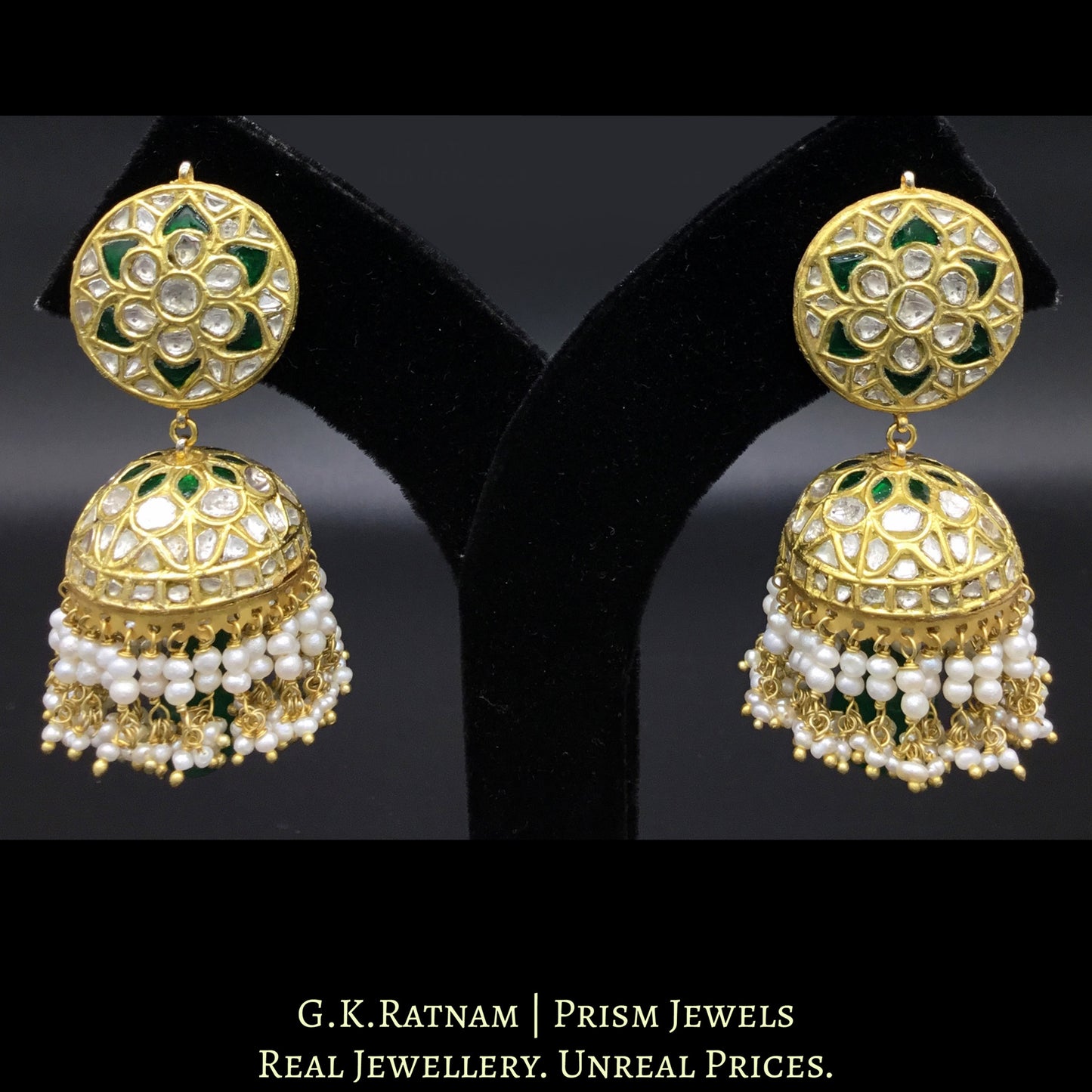 23k Gold and Diamond Polki green Jhumki Earring Pair with natural freshwater pearls