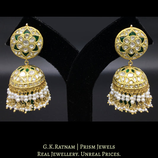 23k Gold and Diamond Polki green Jhumki Earring Pair with natural freshwater pearls