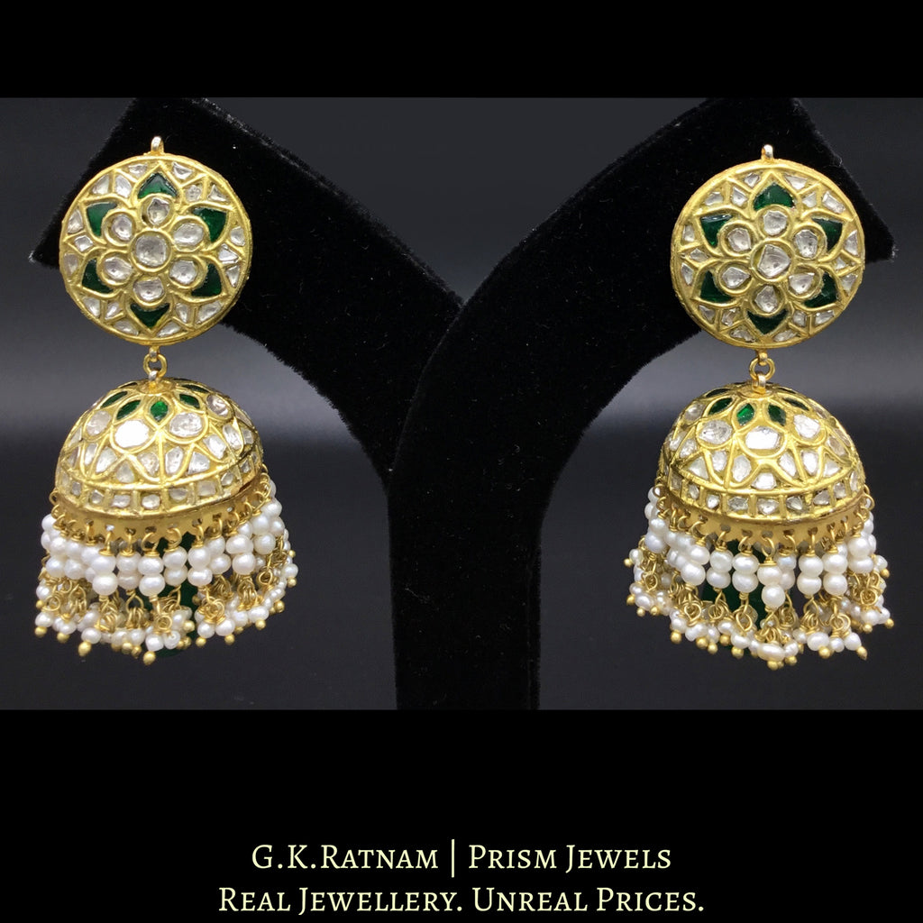 23k Gold and Diamond Polki green Jhumki Earring Pair with natural freshwater pearls